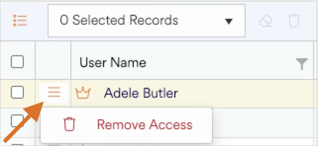 User management interface showing Adele Butler's access removal option highlighted.